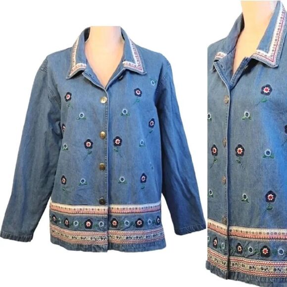 VTG 90s Floral Embroidered Long Sleeve Button Up Granny Denim Cardigan XL - Picture 1 of 15
